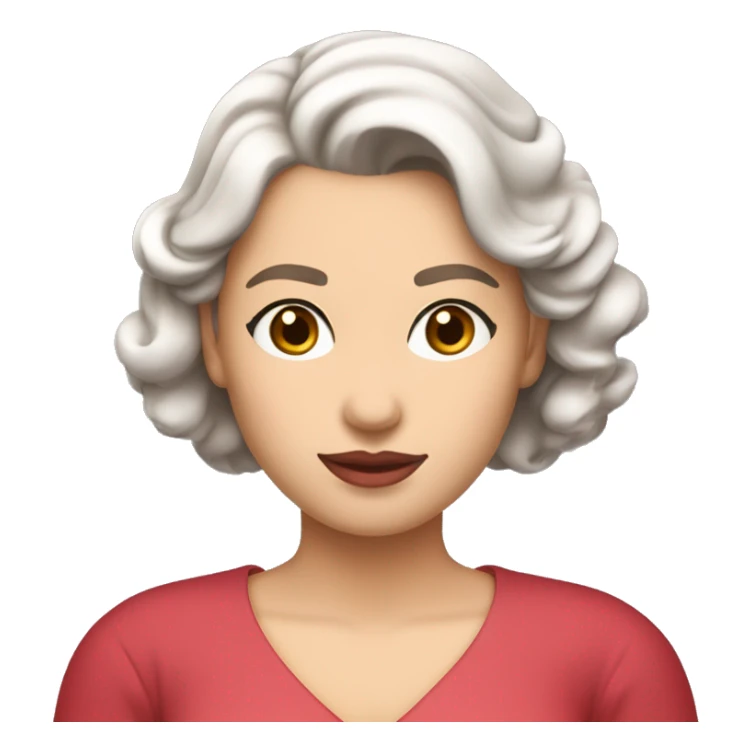 She has soft features, fair skin, and almond-shaped eyes. Her defined eyebrows and natural pink lips frame her face. Her dark, wavy hair is partly tied back, giving her an elegant yet relaxed look.  She wears a red V-neck long luxurious dress. White skin. sticker