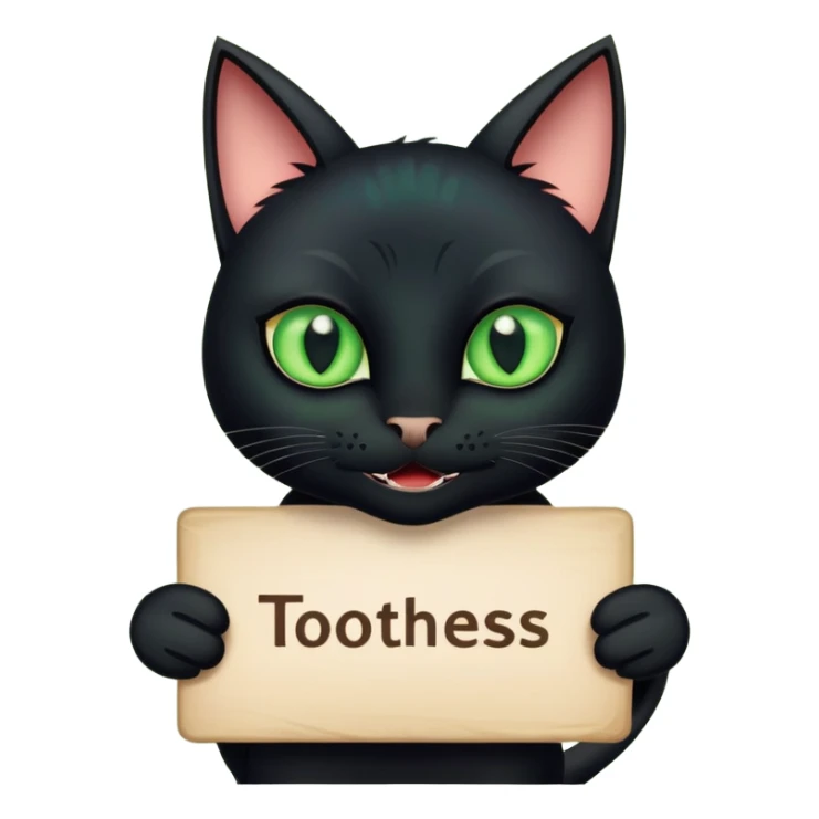 Black cat with massive green eyes with a sign that says toothless sticker
