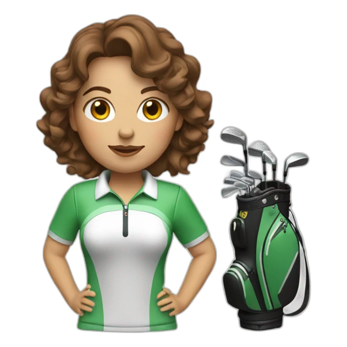 female with brown wavy hair dressed in golfwear with golf gear sticker