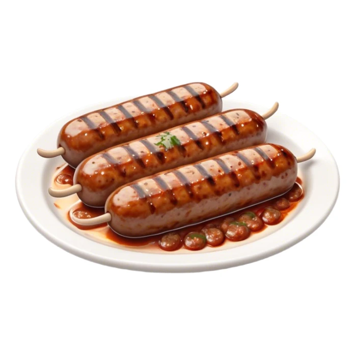 Cinematic Realistic Cevapi Dish Emoji, depicted as small, grilled minced meat sausages with a charred exterior rendered with lifelike textures and warm, savory lighting. sticker