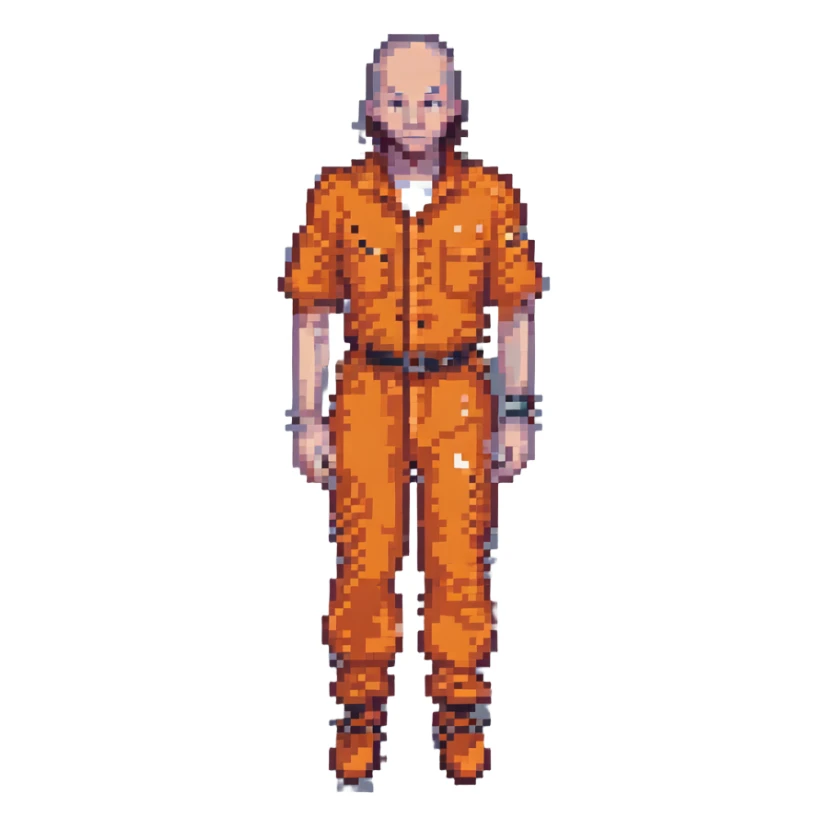 male prisoner in orange jumpsuit, pixel art style, minimal details sticker