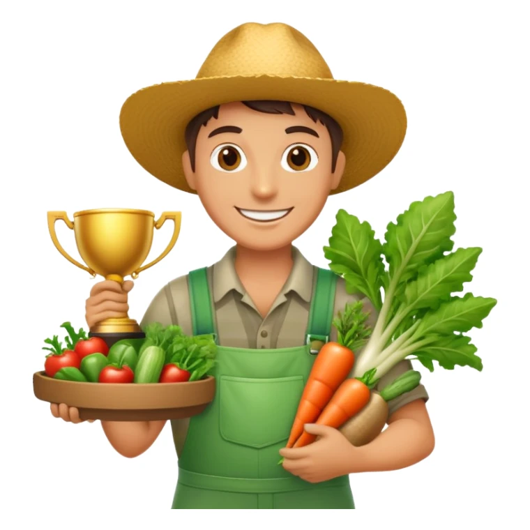 Happy gardener with trophy and prize vegetables sticker