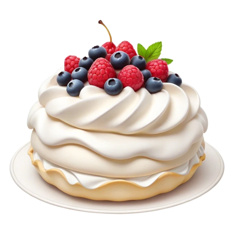 Cinematic Realistic Pavlova Dessert Emoji, showcasing a delicate meringue dessert topped with fresh fruit rendered with lifelike texture and soft natural lighting. sticker