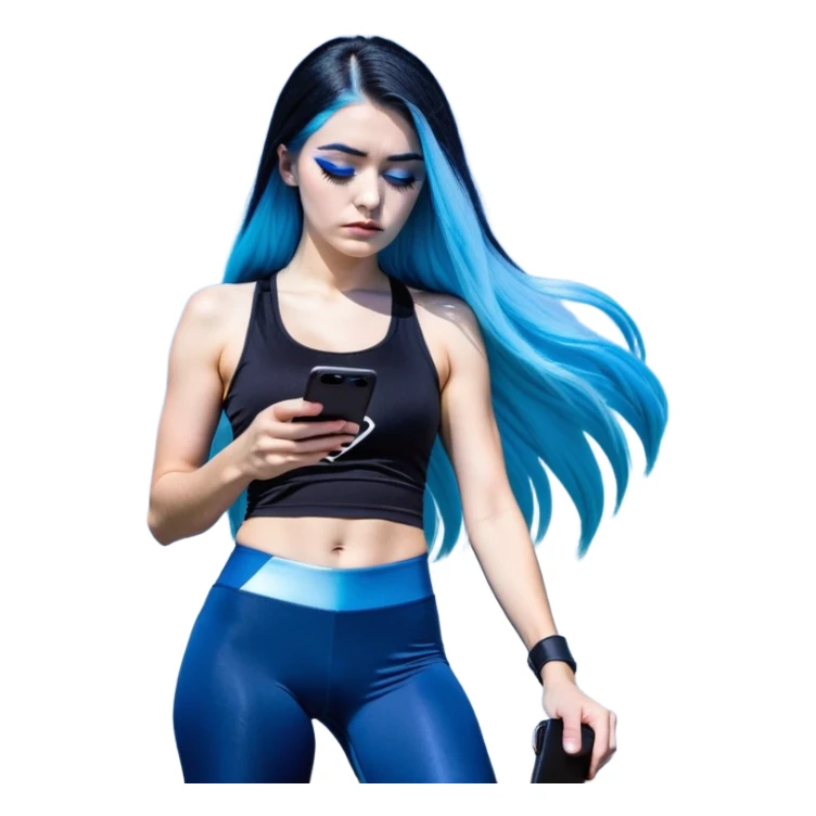 Shameful and disappointed and crying-very very very very large chest-texting on a samsung cell phone-very long straight flowing black to sky blue hair ombre-blue eyes-black eyeliner-long eyelashes-iridescent sky blue very low cut tank top with sparkling superman logo-black leggings-nike sneakers sticker