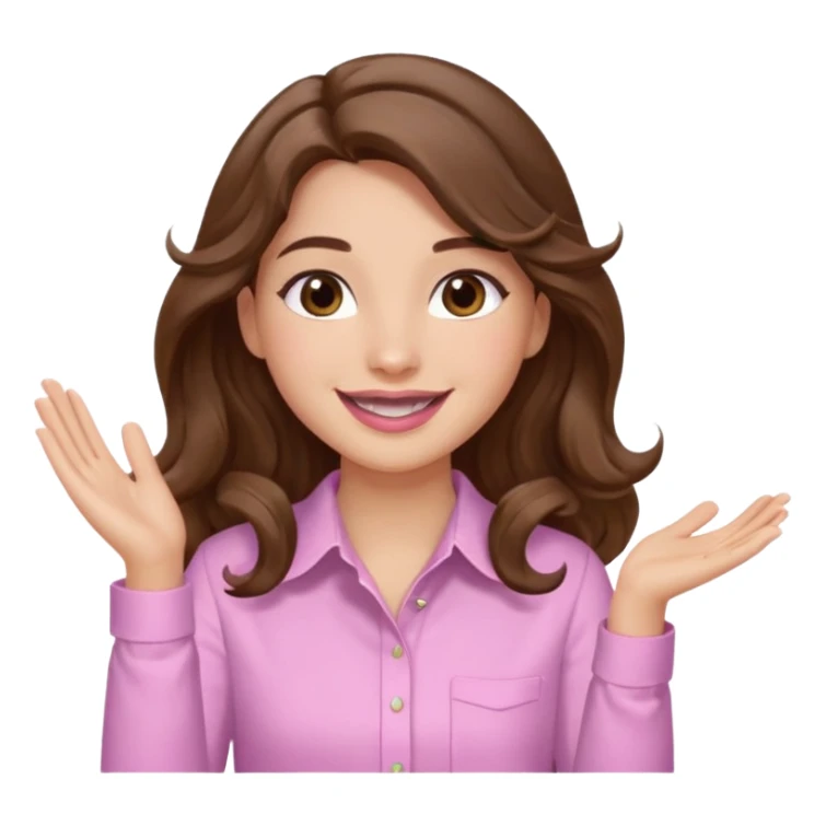 girl with wavy long brown hair, brown eyes, light to medium complexion, long lashes, light pink lipstick, smiling, wearing light pink shirt, clapping sticker
