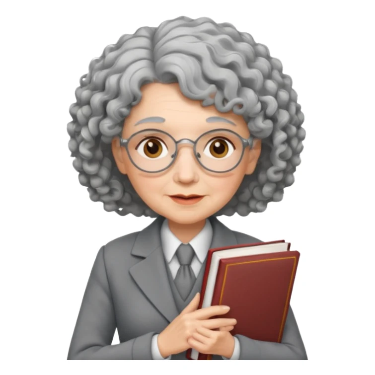 elderly female, curly hair, holding book, wearing gray suit sticker