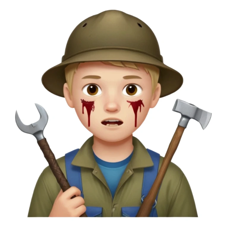 13 y/o Brian robeson at the beginning of Hatchet
determined, has hatchet, self-reliant, observant survivalist, berry juice on mouth, bug bites on face, white boy sticker