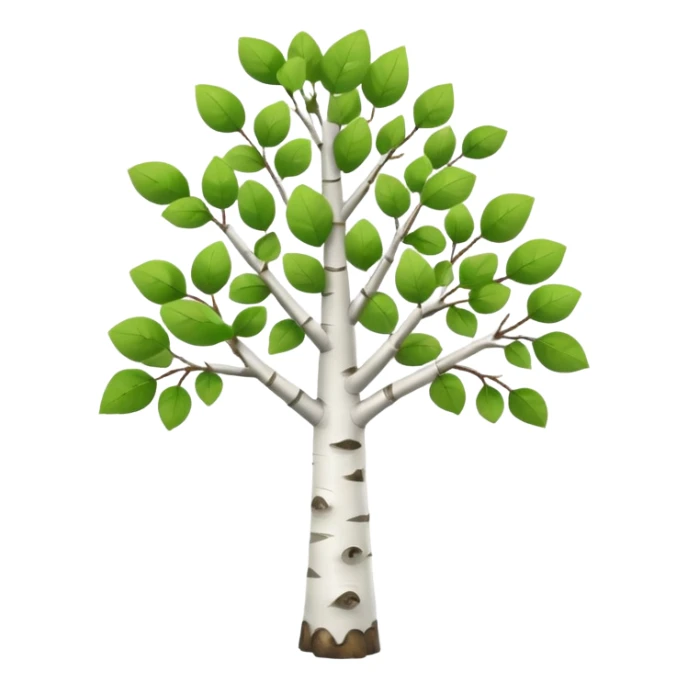 A 3D cartoon birch tree with white bark and small green leaves, gentle lighting, Memoji-style realism. sticker