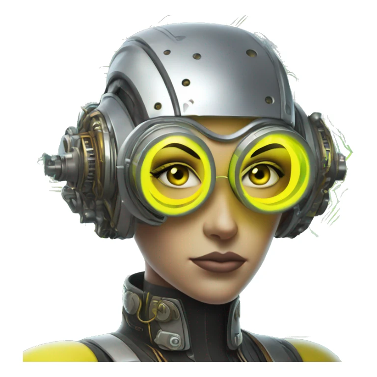 Caucasian female cyborg head with Neon yellow bobbed hair, silver steampunk goggles and circuits sticker