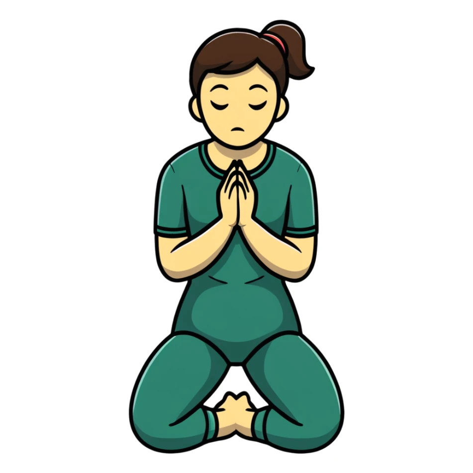 person on their knees begging with hands clasped together and pleading expression sticker