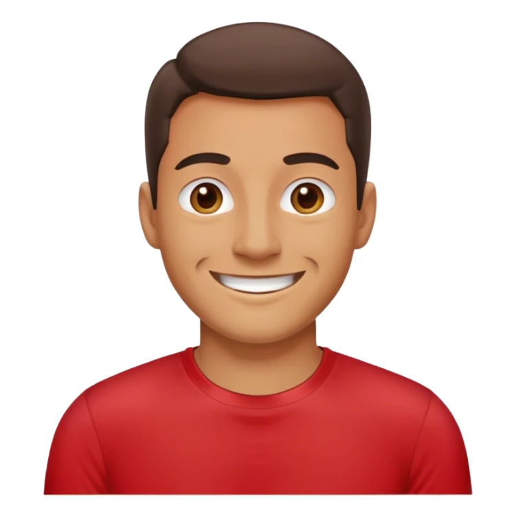 A man with red t shirt, smiling big,  sticker