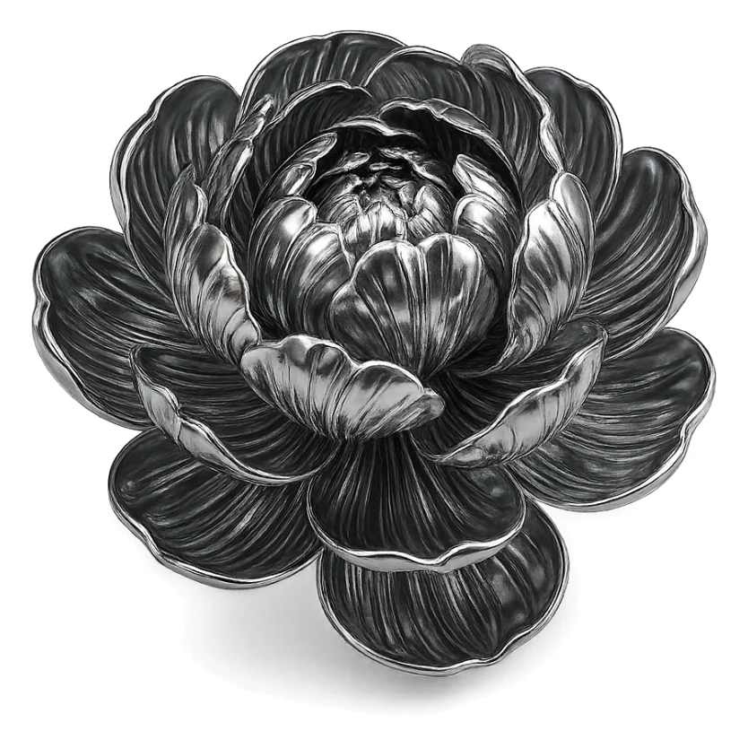 abstract chrome peony with swirling metallic petals, radiant and polished sticker