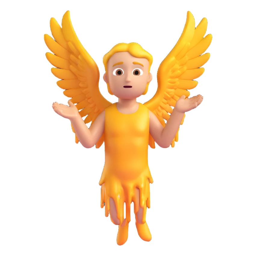 Icarus with melting wings, arm raised, gazing upward, 3D emoji style sticker