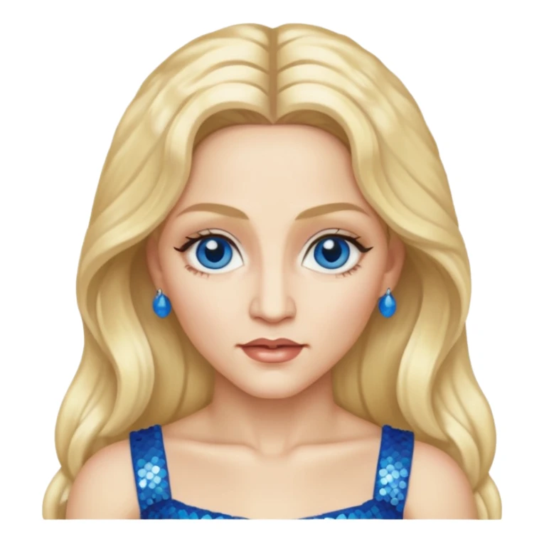 Madonna with blonde long hair, ivory sequin crop top, blue eye sticker