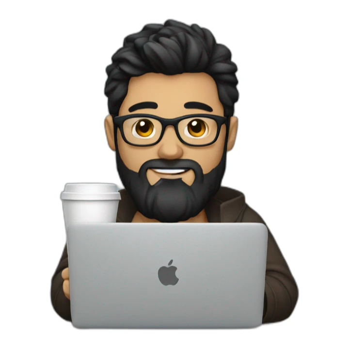 Designer with black hair, beard and glasses working with MacBook and drinking cappuccino  sticker