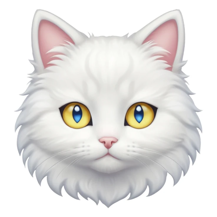 Make me a cute white fluffy cat anime style with one blue eye and one yellow eye, make the eyes big kawaii style sticker