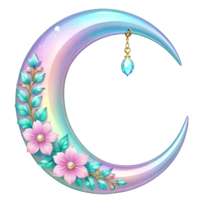 glossy Pastel iridescent floral shiny crystal crescent damask moon sticker