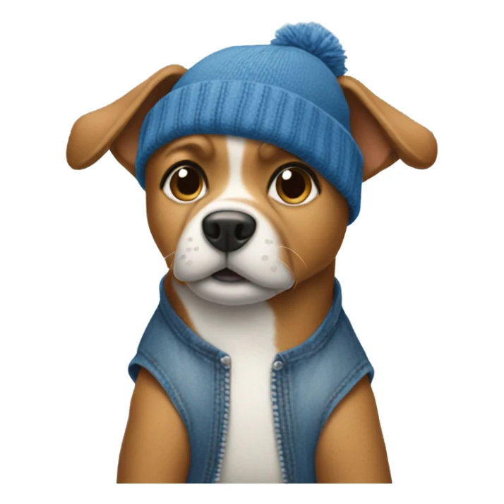 Dog with baggy jeans and blue tanktop with a beanie sticker