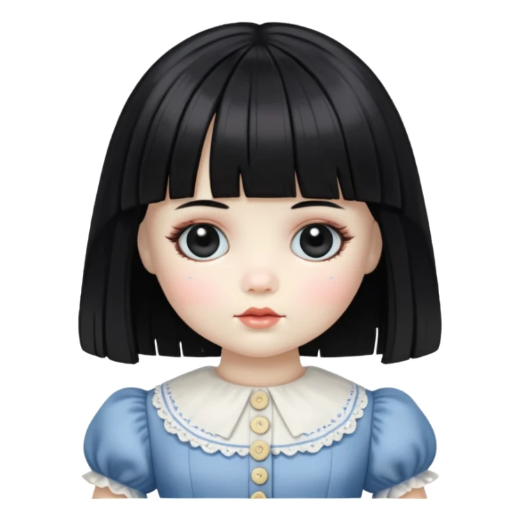 porcelain doll with white skin, black hair that has bangs and button eyes. she is wearing an old dress sticker
