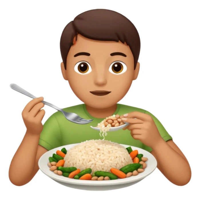 Create a person having lunch. Not a sandwich. Rice, beans, vegetables and chicken. sticker