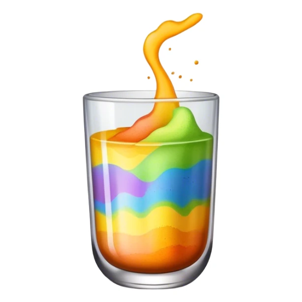 A glas with rainbow powder in it with the colours yellow black brown orange sticker