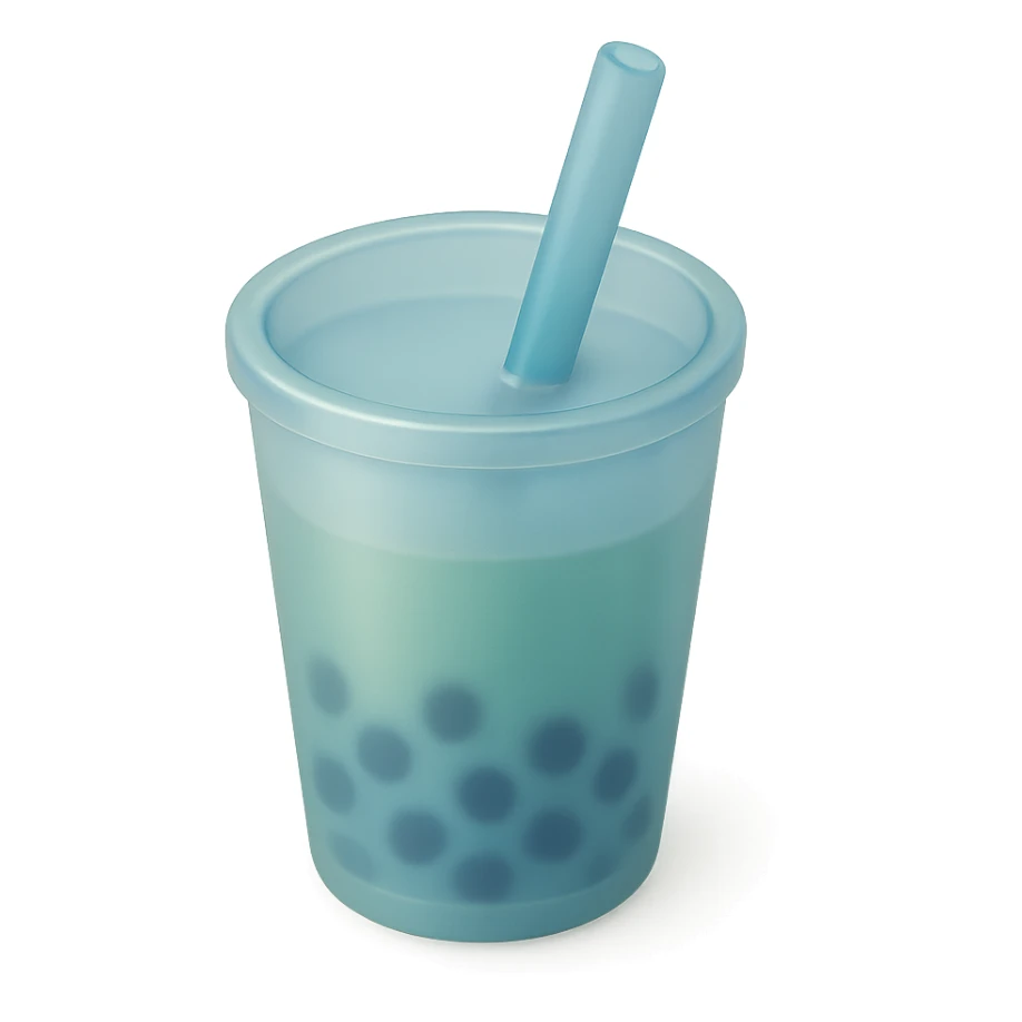 hand-drawn volumetric bubble tea cup with a straw, blue and green gradient, three-quarter angle, sketchy illustrated, expressive 3D shadows and highlights sticker