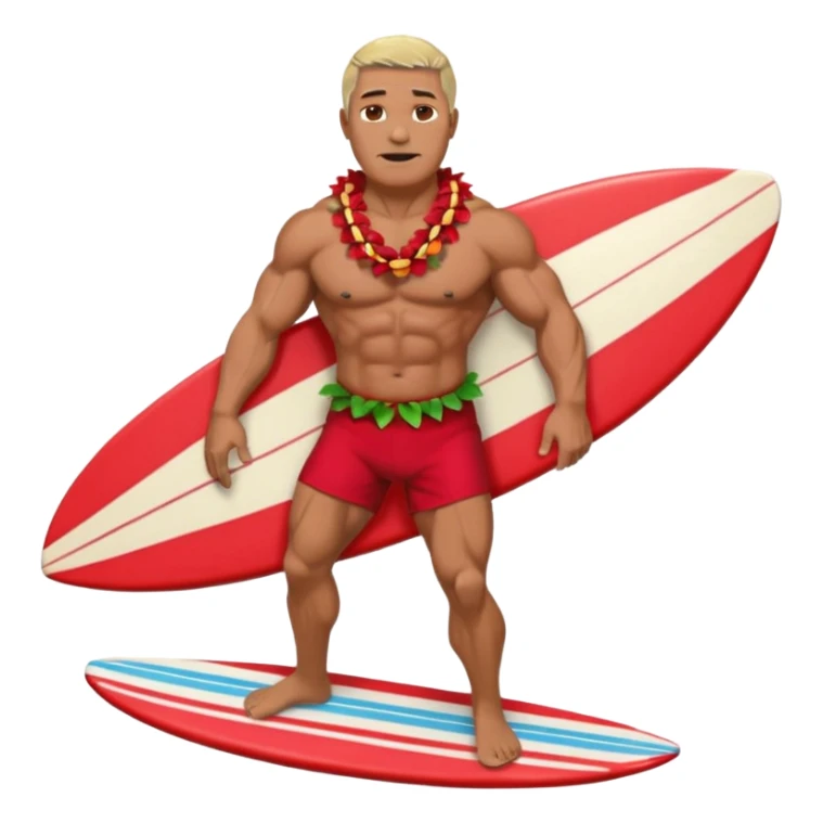 50 year old muscular man with red shorts and a shell lei surfing sticker