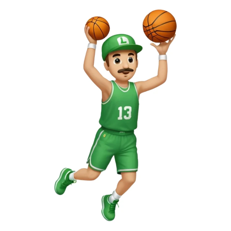 Luigi from Smash Bros dunking a basketball, emoji style sticker