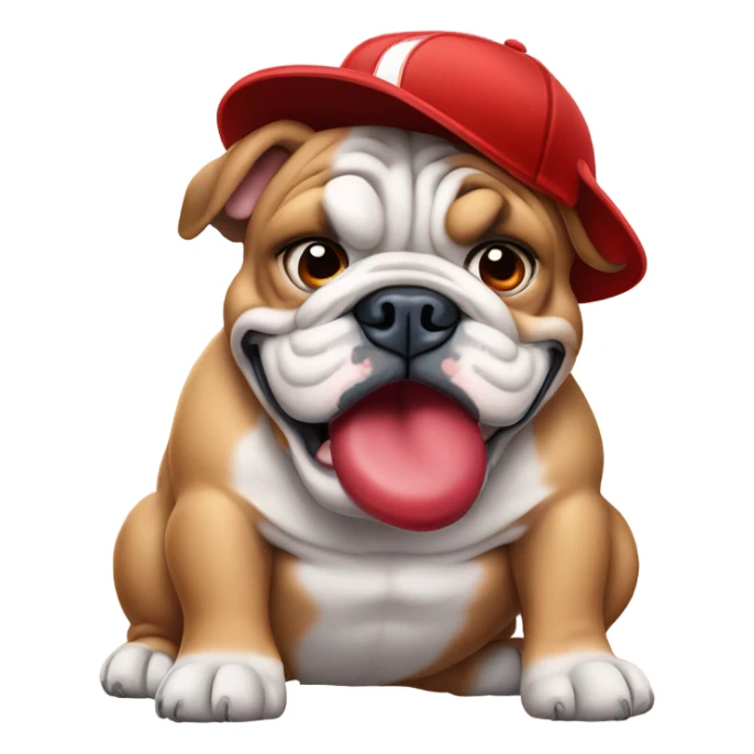 English bulldog with blue eyes tearing up a red baseball hat sticker