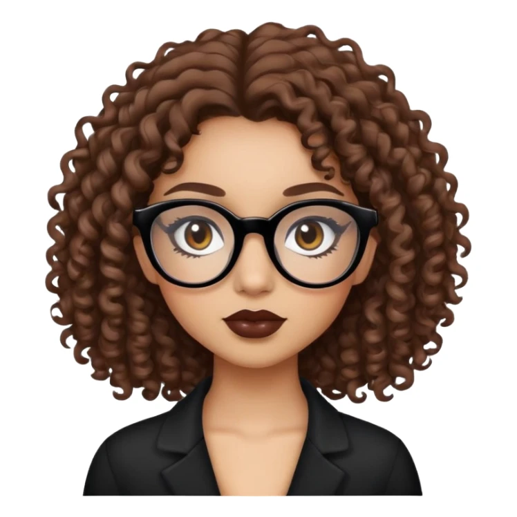 Uma menina de cabelo cacheado castanhos e branca com olhos castanhos escuro e de óculos preto e com maquiagem sticker