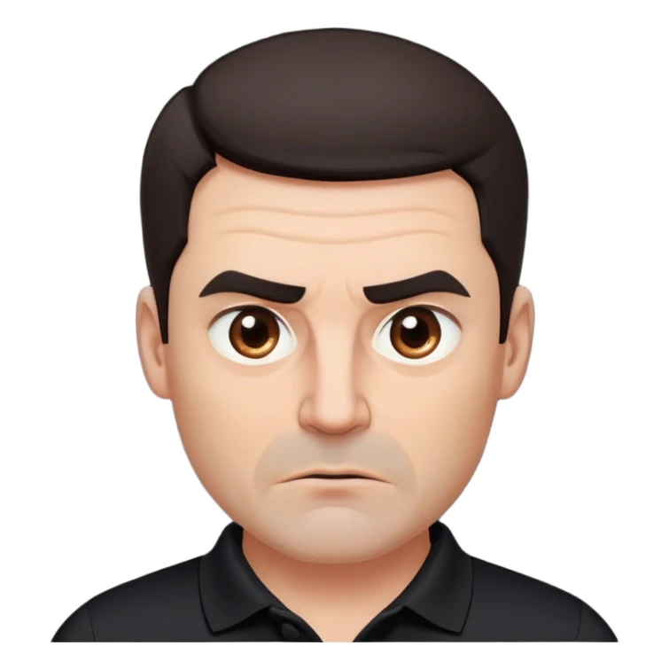 Middle-aged man with strong square face, pronounced jawline, full cheeks, manic energy with intense stare, dark brown eyes, thick raised eyebrows, wide proportional nose, mouth slightly open in disbelief, short dark hair neatly styled, wearing a black polo shirt sticker