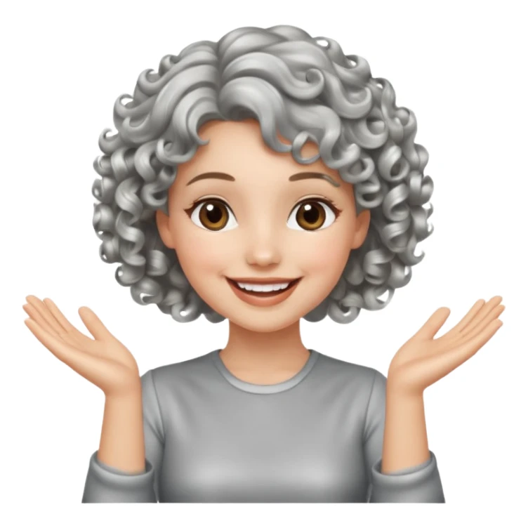 silver, short, wavy-haired with curls, smiling/excited pretty lady, silver top, clapping hands

 sticker