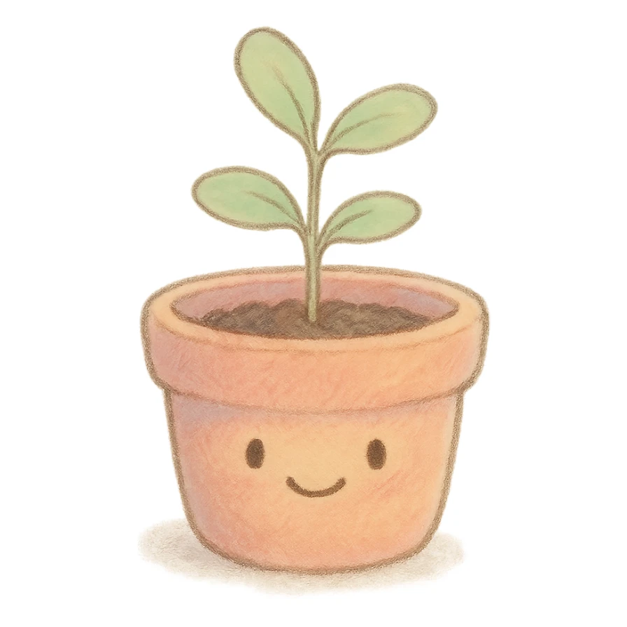 tiny pastel plant pot, Japanese soft hand-drawn, full object, with a gentle smile sticker