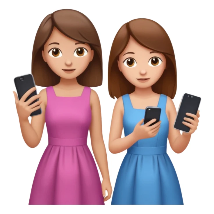 two brown haired girls, looking professional maybe leaned on each others back and looking forward and using phones, with longer hair and with some cute clothes without ties maybe dresses, one girl can hold lap top another one can hold the phone sticker