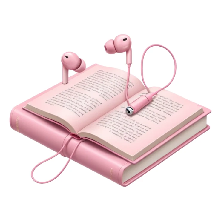  pink Pink Apple-style earbuds lying on an open book, soft pastel tones, cozy and minimal aesthetic, realistic lighting and shadows, top-down view, transparent background" sticker