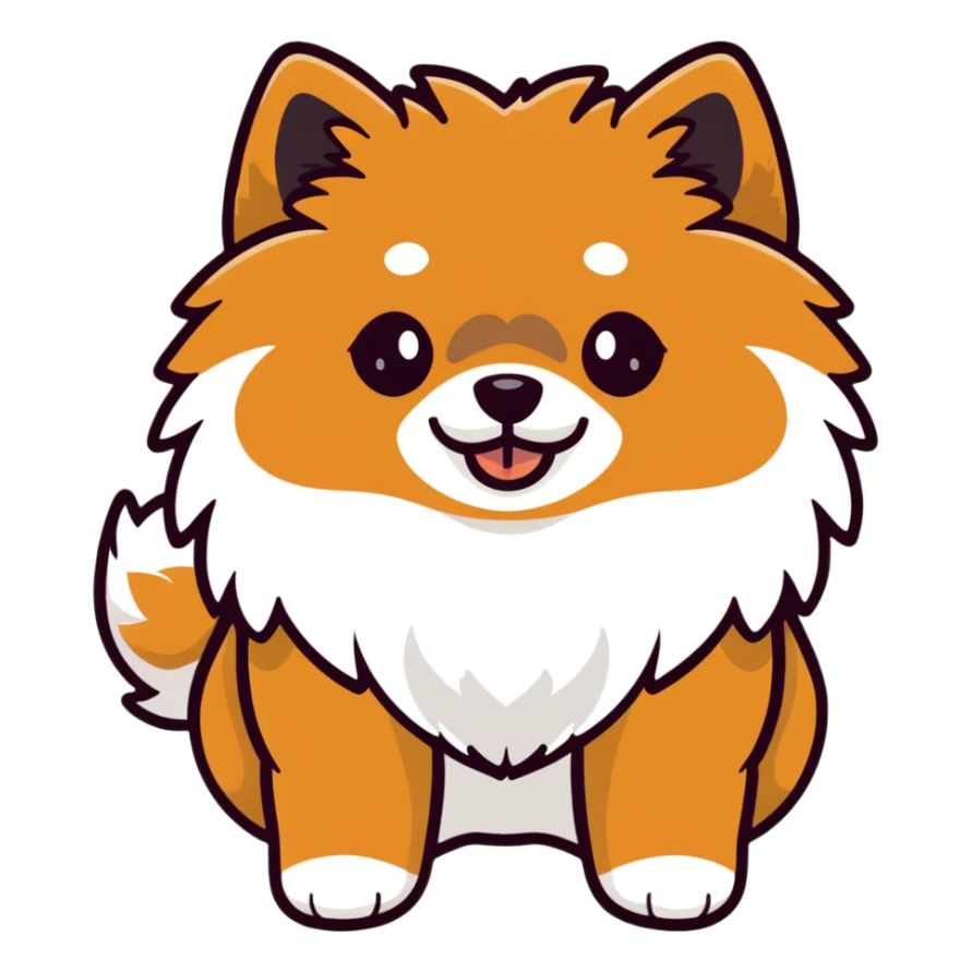 fluffy black and tan Pomeranian dog face, large round eyes, button nose, tan muzzle, tan eyebrow spots, thick ruff of fur, upright tousled ears, friendly and cute sticker