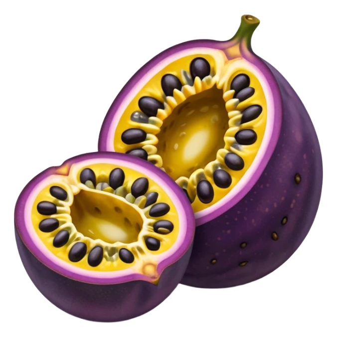 whole round purple passion fruit with slightly wrinkled matte skin next to a halved piece exposing vibrant yellow pulp filled with glossy black seeds juicy jelly-like texture bold contrast between rind and interior no leaf spoon or extras soft lighting subtle shadows emoji scale sticker