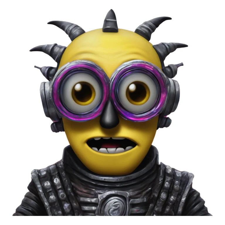 Synthwave minion in Lordi style, oil paint, black eyes, intricate lips, masterpiece portrait, beautiful, desirable, logical, love, peace, understanding sticker