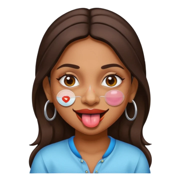 make a tongue sticking out expression for this indian girl that has transparent under ey patches sticker
