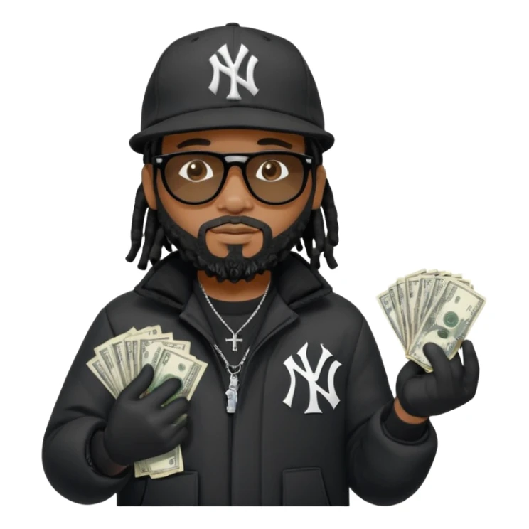 African American man with shoulder length black dreadlocks with black beard wearing black sunglasses wearing a black New York Yankees logo baseball Cap wearing a black bubble winter coat spreading money across his arm sticker