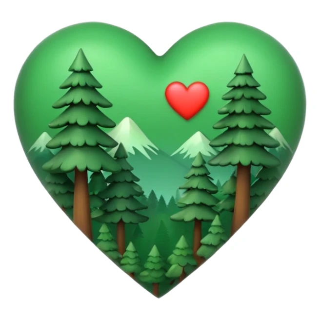 a big green heart emoji  with small pine trees behind it and i love you text on the front of the heart sticker