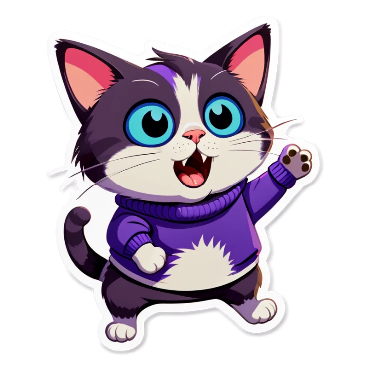 The cat in the purple sweater is surprised sticker