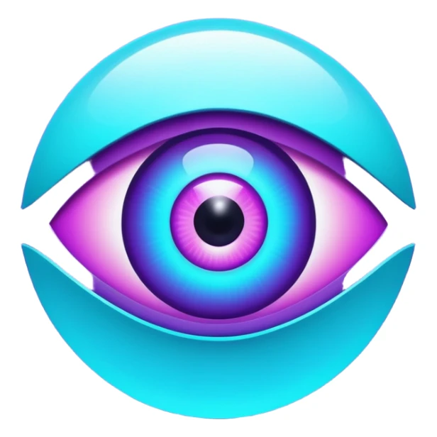 futuristic minimalistic glowing eye symbol, purple and cyan gradient glow, representing vision and future, dark background, 1:1 aspect ratio, no face sticker