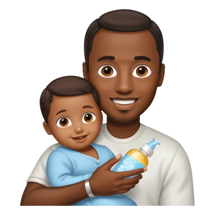 p diddy holding baby oil and a child sticker