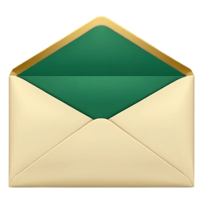 3D minimal open envelope with paper sliding out, matte finish, deep green (#0B3D2C) envelope, cream (#F5F5DC) paper, subtle gold (#C9B037) edge, Apple style, ultra clean, soft shadow, transparent background sticker