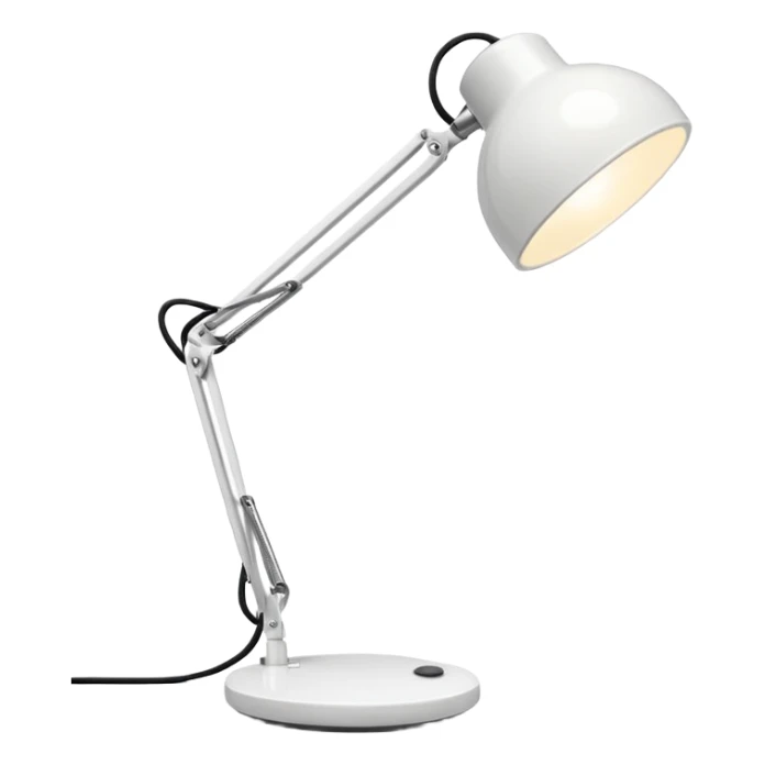 A small white desk lamp with a round base and a flexible, jointed neck. It leans forward playfully, like it’s alive, with a big circular light as its “head.” Iconic and full of character. sticker