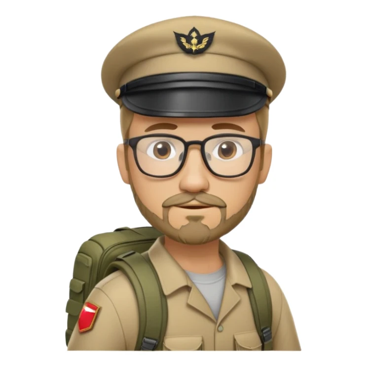 adventurer with goatee beard (no beard on cheeks), short hair, glasses, backwards military tan cap and backpack sticker