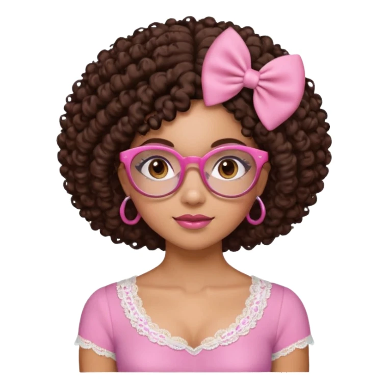 medium-light kinned afro-latina girl with medium length chocolate brown side part curly hair, small pink bow , with brown glasses, brown eyes, pink and white sweetheart necklined top with lace, round wide-ish nose, ob-long face sticker