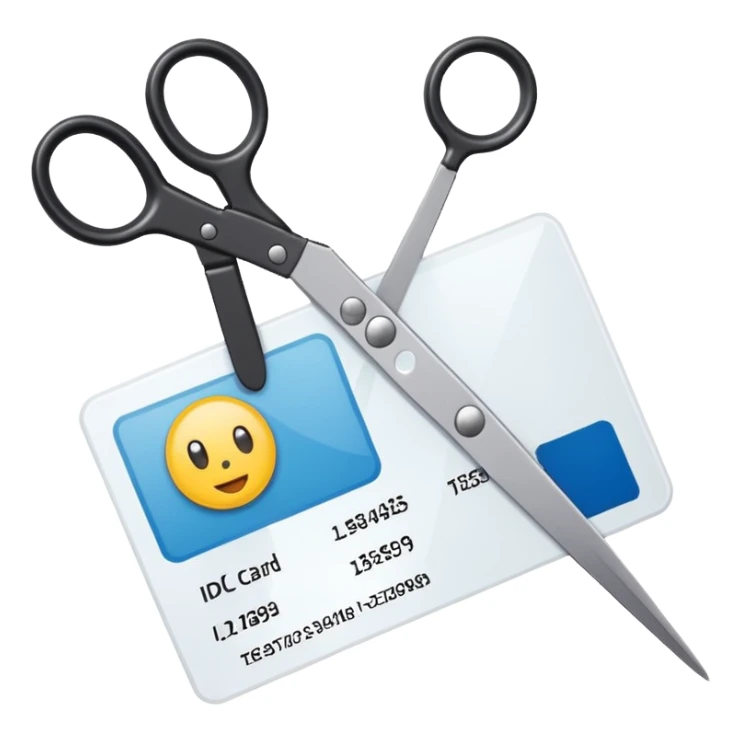 Scissors cutting ID card in 2 parts. Realistic sticker