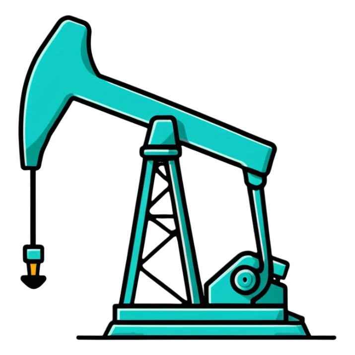 Oil pumpjack (nodding donkey), minimalist design with soft gradients in sky blue, teal green, white, and light gray sticker